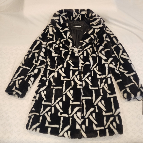 Karl Lagerfeld Black and White Patterned Faux Fur Women's Coat Size XS - Picture 7 of 10